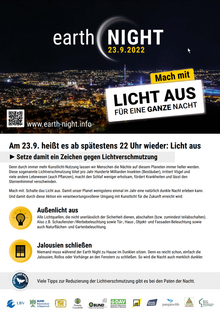 Earth Night 23.9.2022
Setze ein Zeichen gegen Lichtverschmutzung!